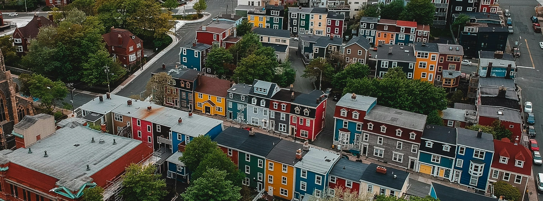 Downtown St. John's aerial view featuring heritage homes, historic architecture, residential streets, and urban green spaces, ideal for exploring Downtown St. John's real estate opportunities